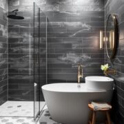 Modern Bathroom Ideas A mix of tile sizes large on walls smaller hex on the floor for contrast A Guide to Sleek, Serene Style Modern Bathroom Ideas