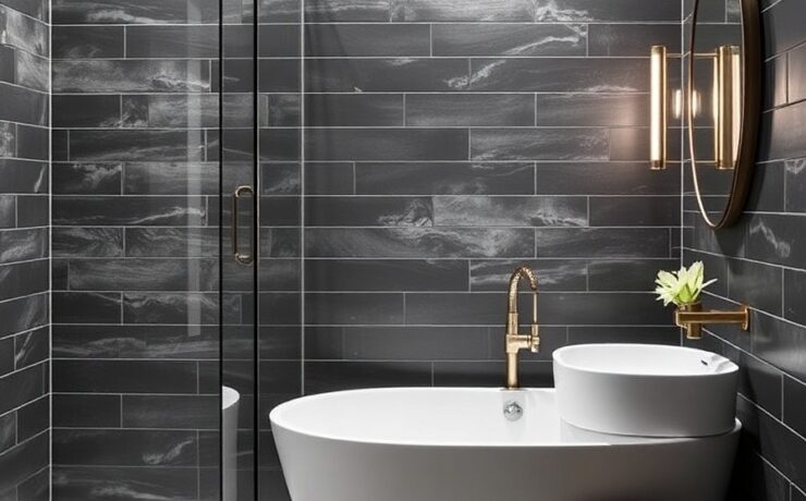 Modern Bathroom Ideas A mix of tile sizes large on walls smaller hex on the floor for contrast A Guide to Sleek, Serene Style Modern Bathroom Ideas