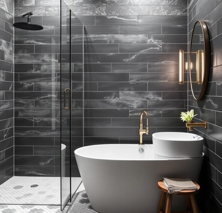 Modern Bathroom Ideas A mix of tile sizes large on walls smaller hex on the floor for contrast A Guide to Sleek, Serene Style Modern Bathroom Ideas