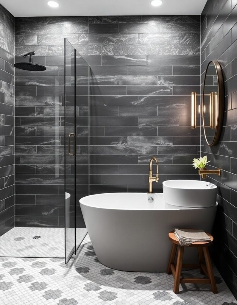 Modern Bathroom Ideas A mix of tile sizes: large on walls, smaller hex on the floor for contrast