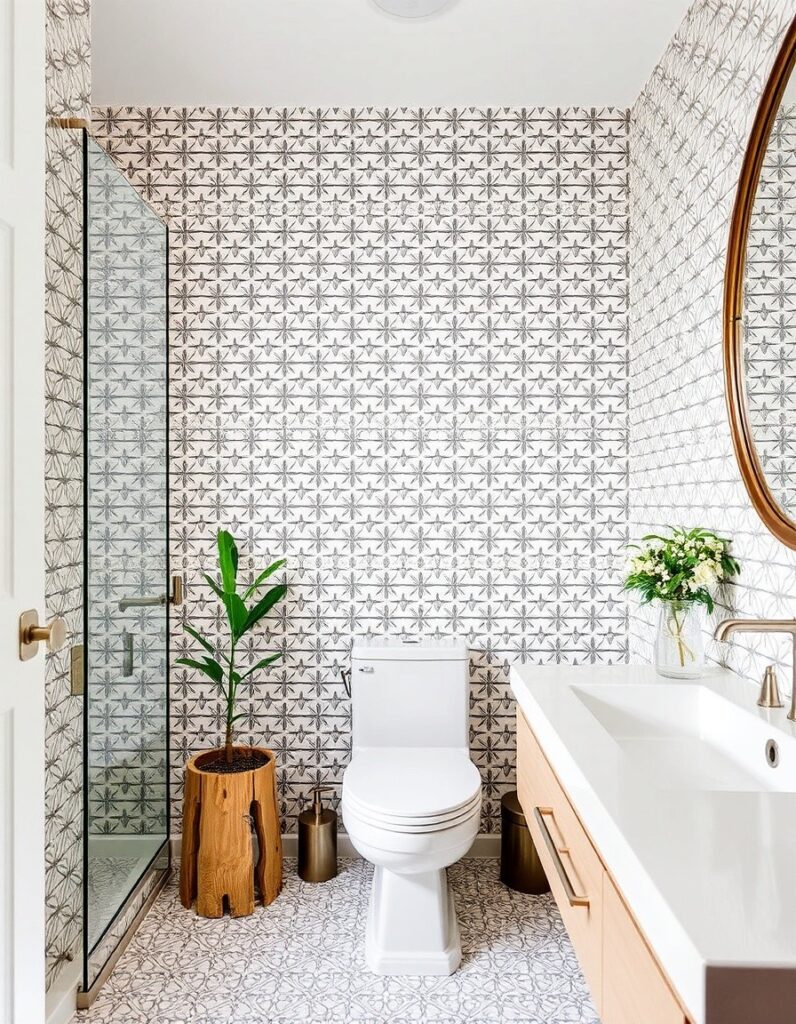 Modern Bathroom Ideas A patterned cement tile as a single accent wall