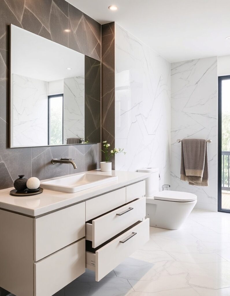 Modern Bathroom Ideas A vanity with integrated, handle-less drawers