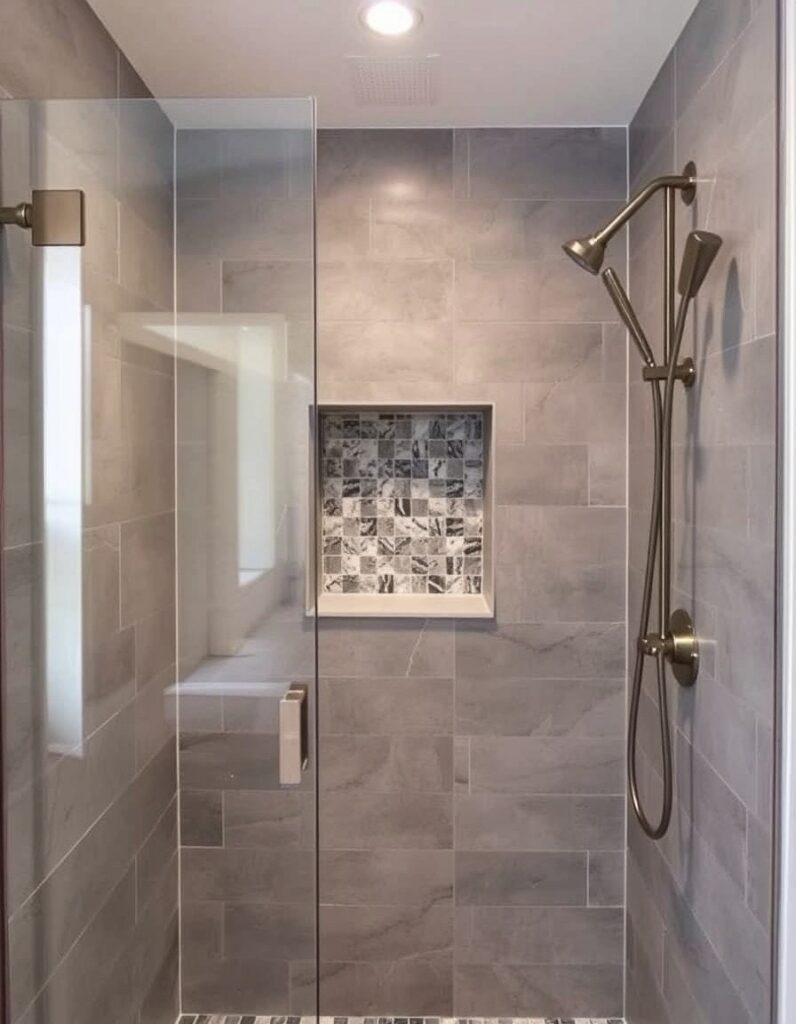 Modern Bathroom Ideas A walk-in rain shower with a niche lined in contrasting tile