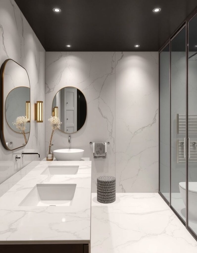 Modern Bathroom Ideas Floor-to-ceiling porcelain slabs behind the vanity