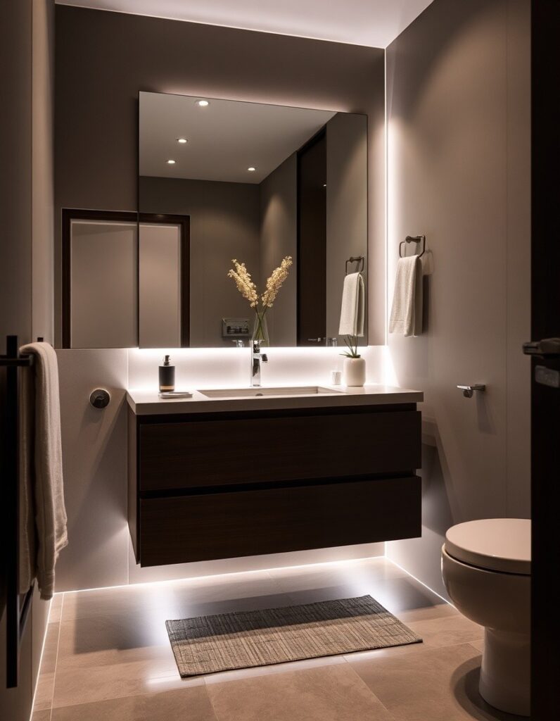Modern Bathroom Ideas LED strip lighting under the vanity for a soft night light