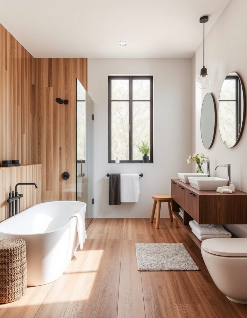 Modern Bathroom Ideas Wood-look porcelain tile planks on the floor for warmth