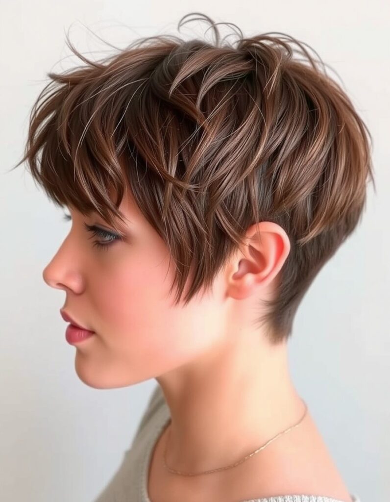 pixie cut with textured, piece-y bangs