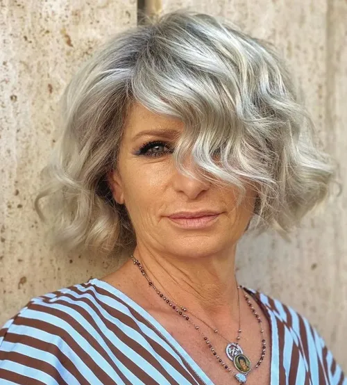 Curly Silver Bob for older woman, 