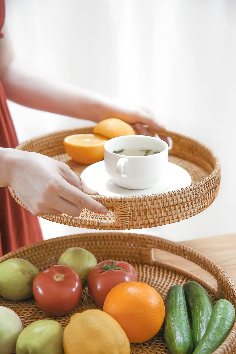 Hand-Woven Round Rattan Serving Tray