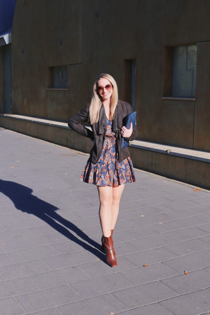 How to Wear Spring Dress in Winter, Brown boots with a mini skirt and a Jacket 