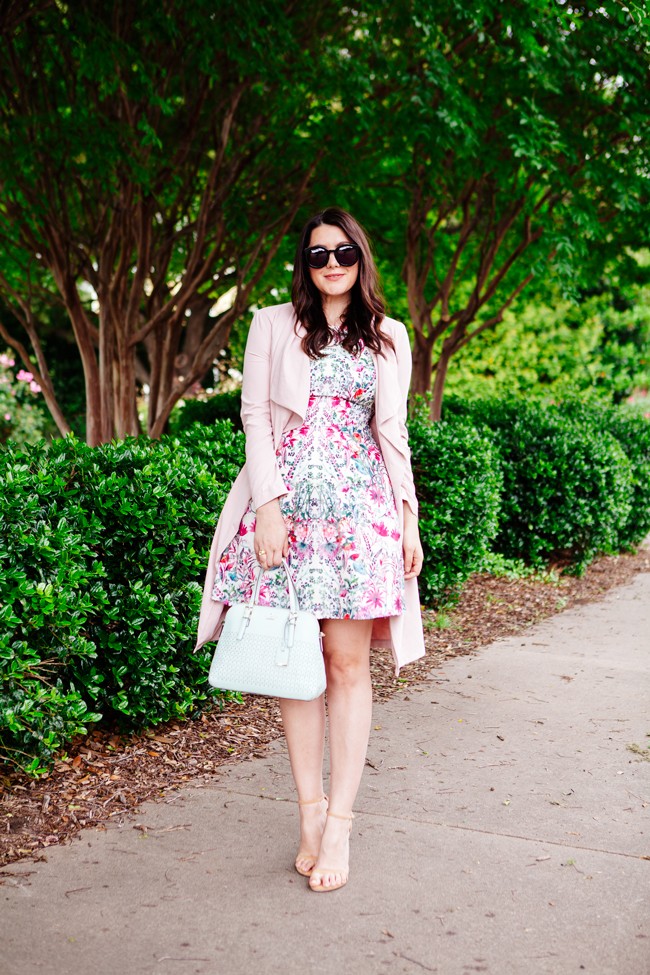 How to Wear Spring Dress in Winter, Pink Midi Coat with floral dress, mini, and heels