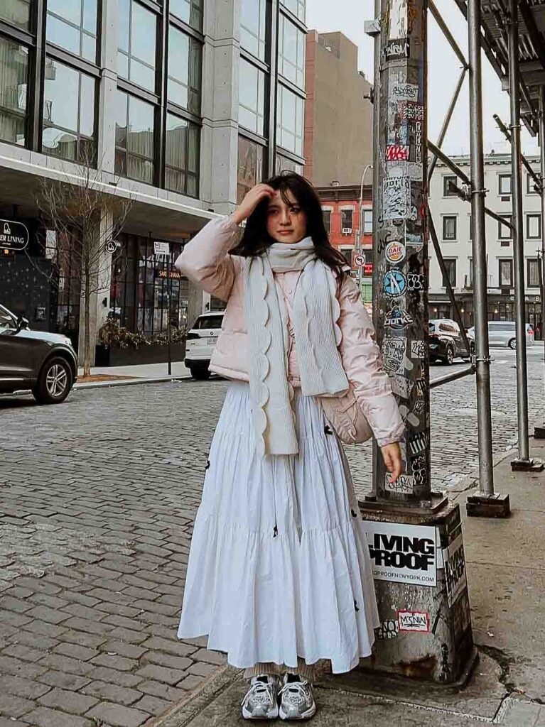 How to Wear Spring Dress in Winter, White dress with scarf and warm jacket