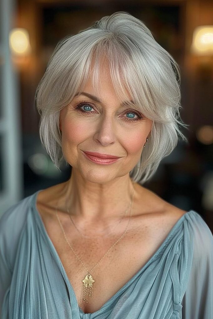Silver Bob with Side-Swept Bangs for older woman