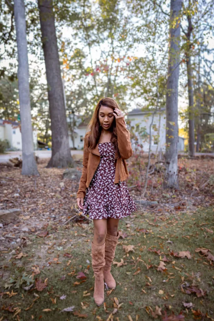 How to Wear Spring Dress in Winter, Floral Dress with brown boots and a Brown Jacket