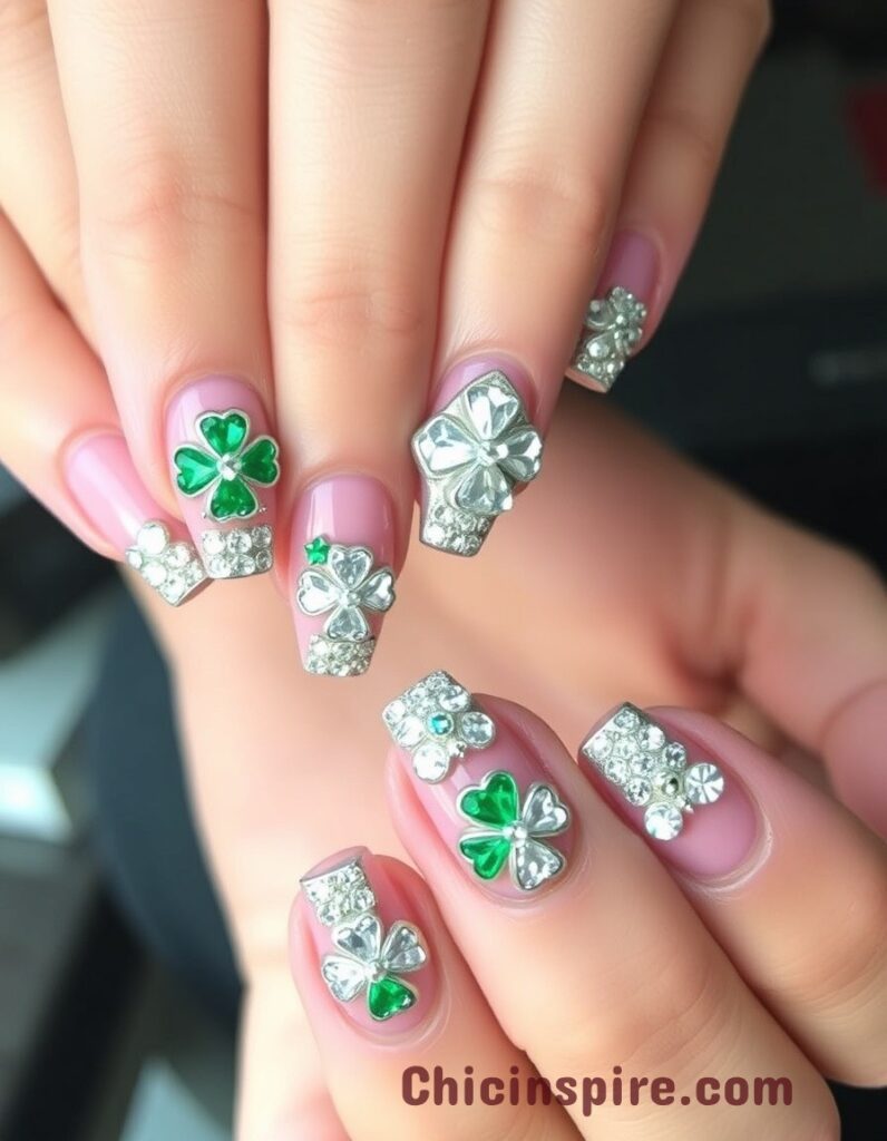 Lucky St. Patrick's Day Nail Designs 15 Lucky St. Patrick’s Day Nail Designs, St. Patrick's Day is the ideal occasion to experiment with your appearance. 3D Rhinestone Clovers Nail