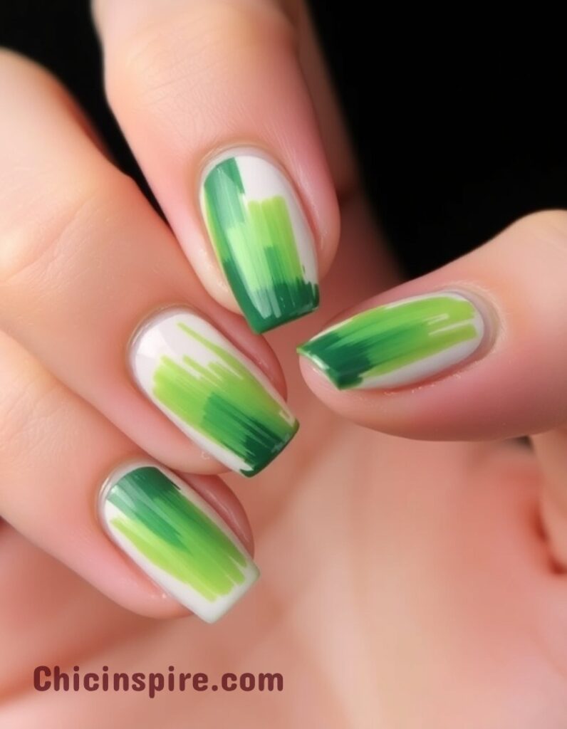 Lucky St. Patrick's Day Nail Designs 27 Lucky St. Patrick’s Day Nail Designs, St. Patrick's Day is the ideal occasion to experiment with your appearance. Abstract Green Brush Strokes Nail