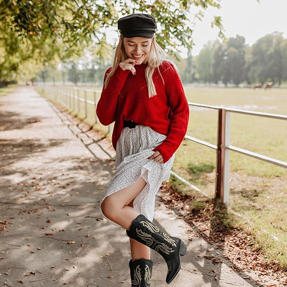 Cowboy Boots for Women Cowgirl Mid Calf Western Boots Embroidered