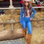 Cowgirls western outfits All Denim Denim shirt darker wash denim skirt brown belt cowboy boots Cowgirls Western Outfits