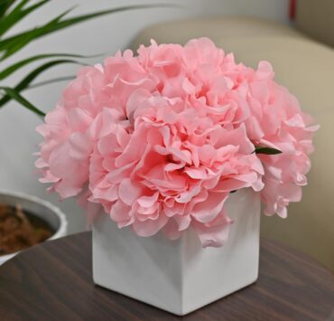 Faux Flowers with vase ，Fake Peony Bouquet in Square White Ceramic Vase Trendy Artificial Flowers for Summer