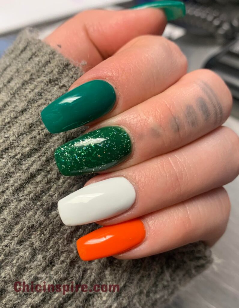 Lucky St. Patrick's Day Nail Designs 19 Lucky St. Patrick’s Day Nail Designs, St. Patrick's Day is the ideal occasion to experiment with your appearance. Irish Flag Stripes (Green, White, Orange) nails