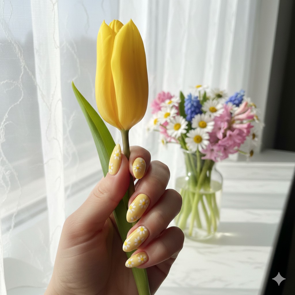 March Nail Art Ideas: Fresh Ideas for Spring Transitions 20 March Nail Art Ideas: 20 Fresh Ideas for Spring Transitions & Lucky Charm Manis, Can you feel it? The air is shifting. March Butter Yellow with Tiny Daisies