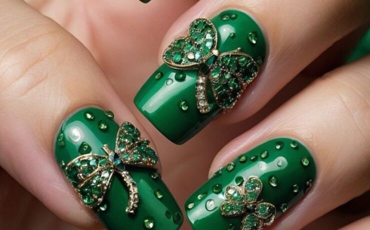 Matte Green with Glossy Shamrocks Nail Lucky St. Patrick's Day Nail Designs