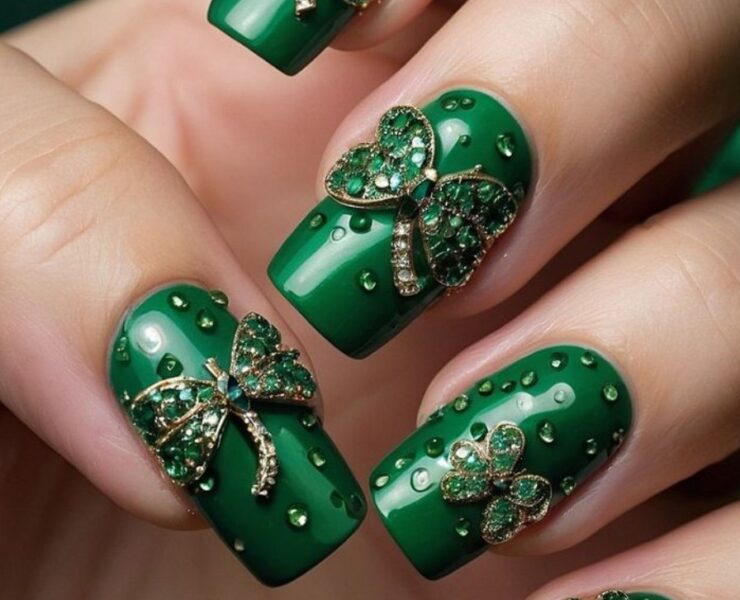 Matte Green with Glossy Shamrocks Nail Lucky St. Patrick's Day Nail Designs