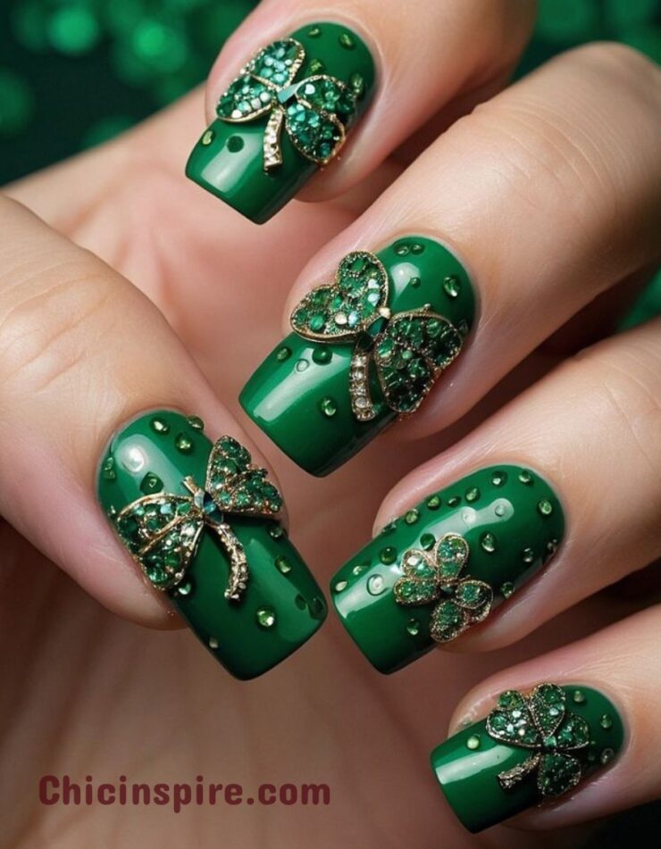 Matte Green with Glossy Shamrocks Nail Lucky St. Patrick's Day Nail Designs