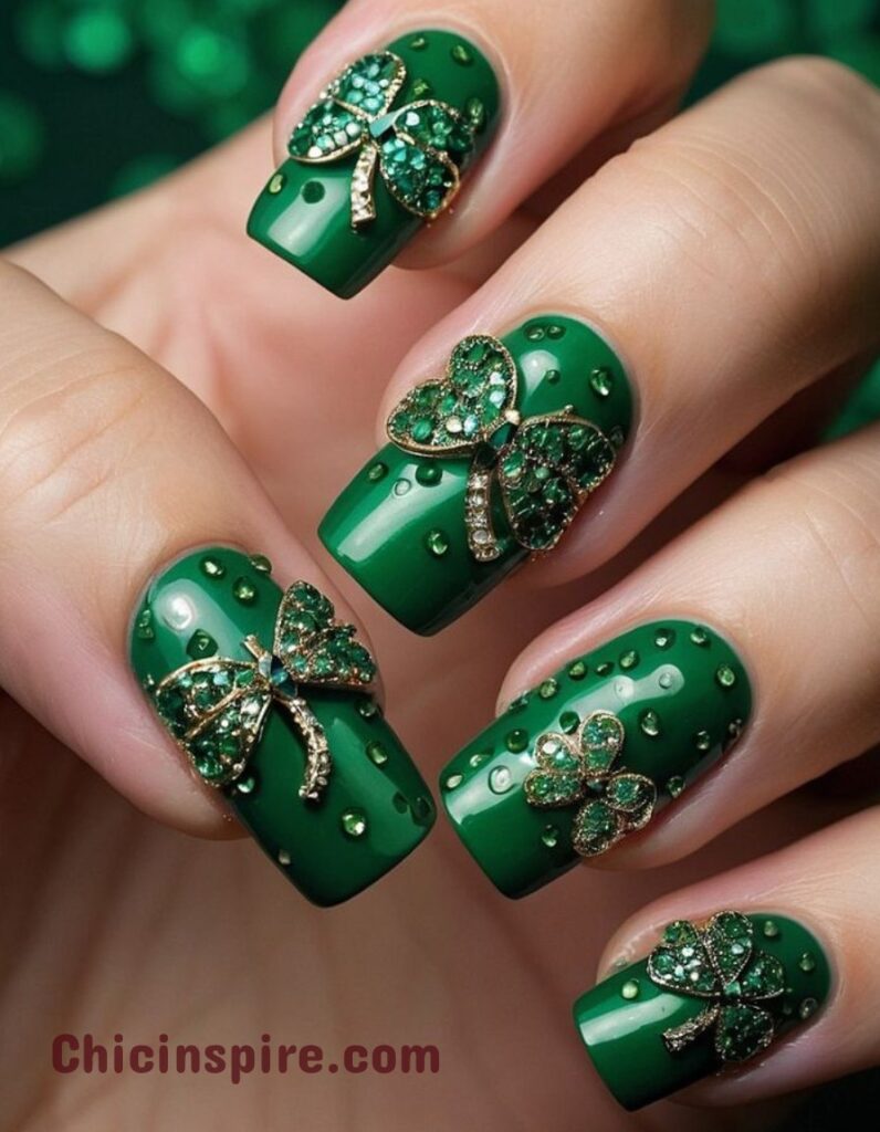 Lucky St. Patrick's Day Nail Designs 16 Lucky St. Patrick’s Day Nail Designs, St. Patrick's Day is the ideal occasion to experiment with your appearance. Matte Green with Glossy Shamrocks Nail