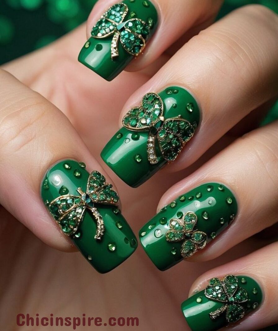 Matte Green with Glossy Shamrocks Nail Lucky St. Patrick's Day Nail Designs