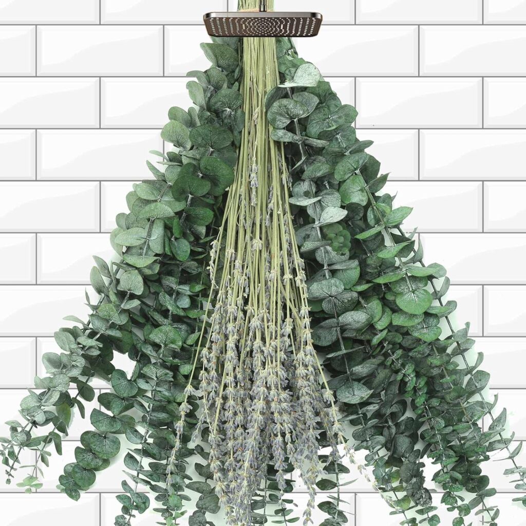 Trendy Artificial Flowers for Summer, A Bundle of Dried-Faux Lavender & Eucalyptus, Tied with jute twine and leaned against a mirror for simple fragrance-free farmhouse style.