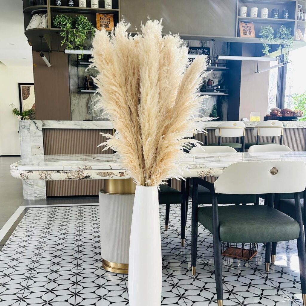 Trendy Artificial Flowers for Summer, Faux Pampas Grass in a Tall Floor Vase, Boho, textural, and dramatic.