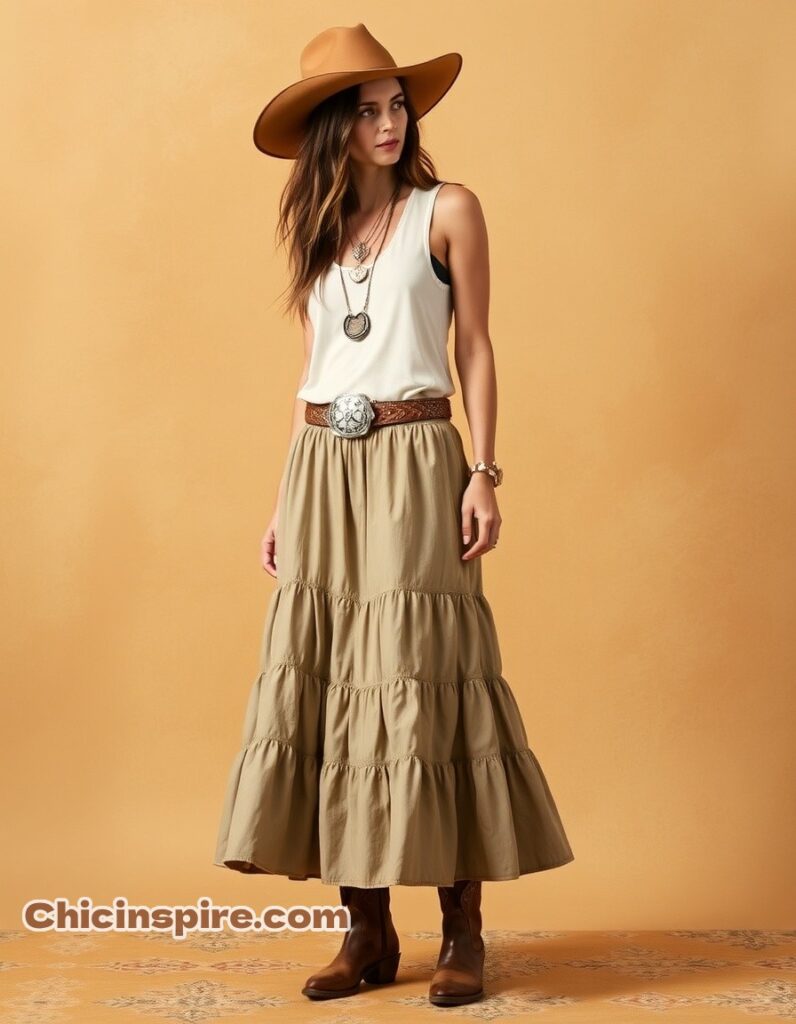 cowgirl Tiered Skirt Magic, Tiered cotton midi skirt, tucked-in tank top, concho belt, ankle boots