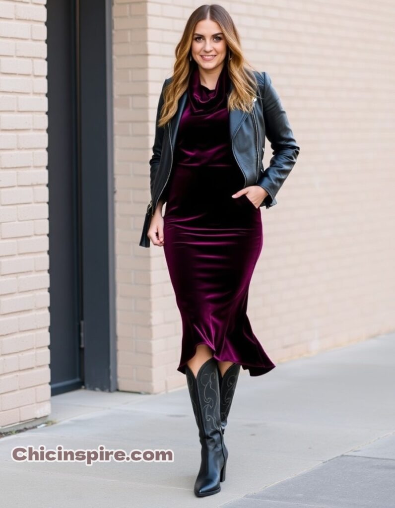 cowgirl Velvet cowl-neck midi dress, leather jacket, pointed-toe cowboy boots