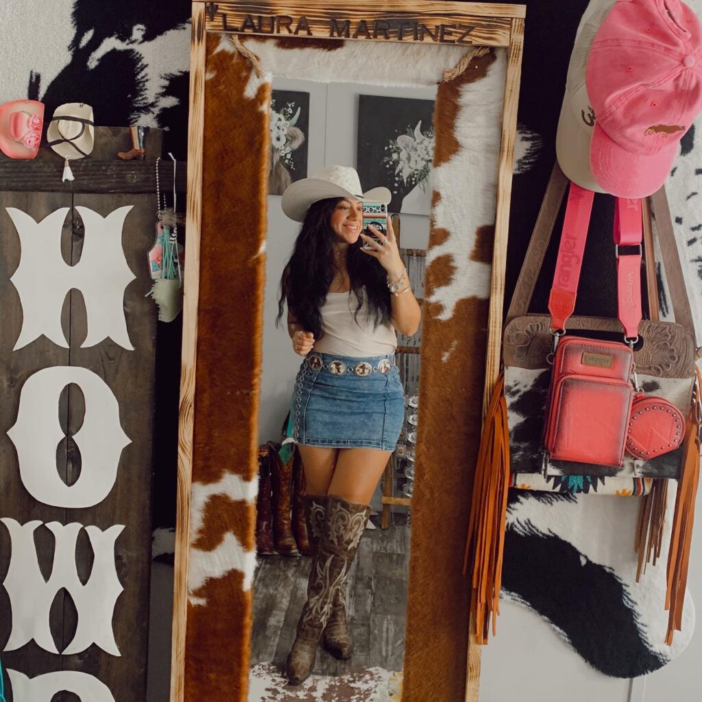 cowgirl Denim Skirt with White top, Hat and Brown boots