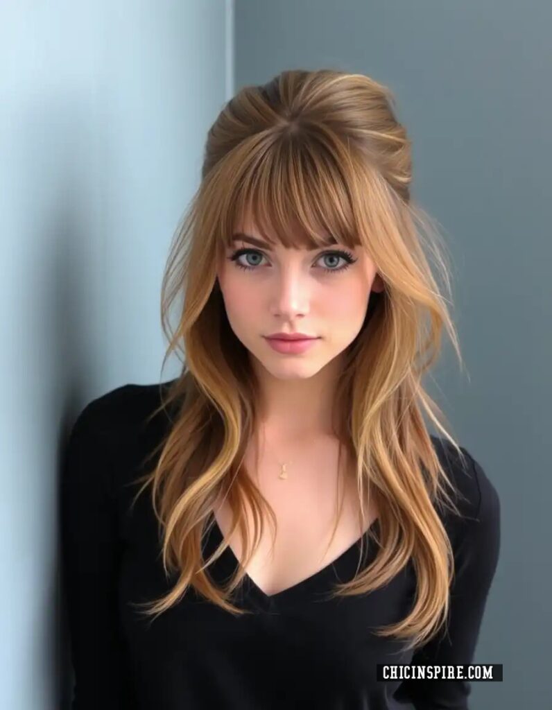 Half-Up, Half-Down with Bangs Whispy bangs hairtstyle