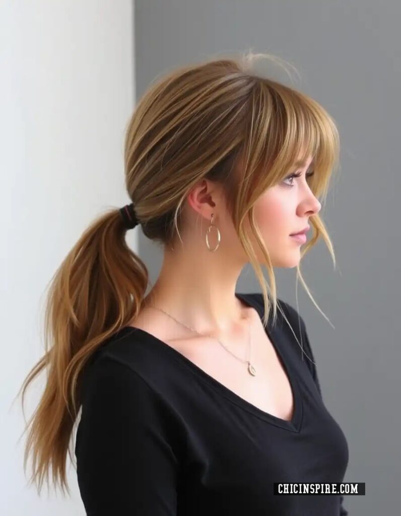 Low Ponytail with Wispy Bangs Whispy bangs hairtstyle