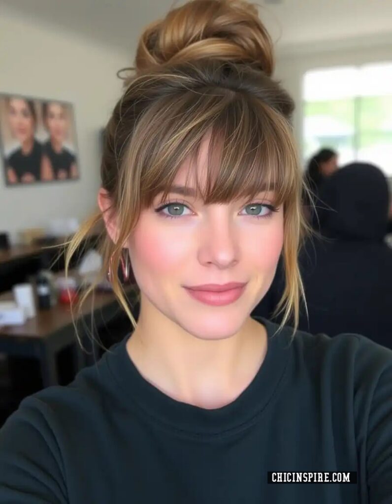 Messy Bun with Face-Framing Bangs Whispy bangs hairtstyle