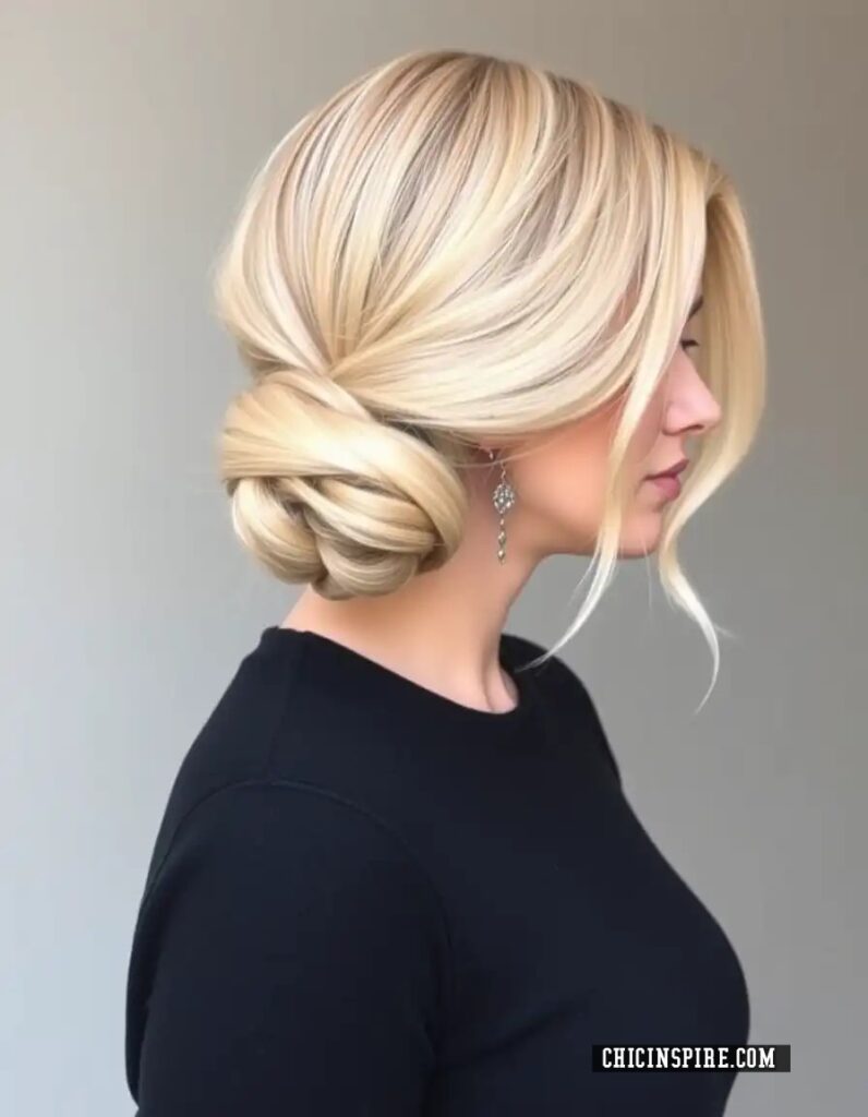 Sleek Low Bun with Side-Swept Bangs