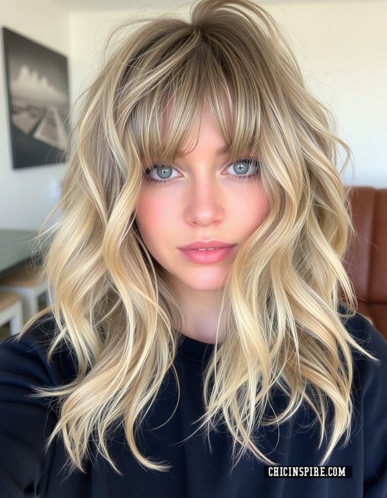 Tousled Beach Waves Whispy bangs hairtstyle