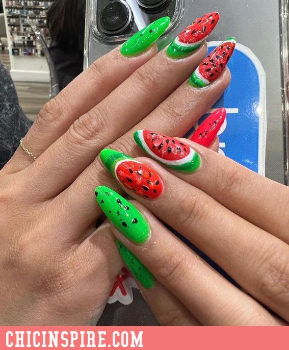 Watermelon Slice summer tropical nails