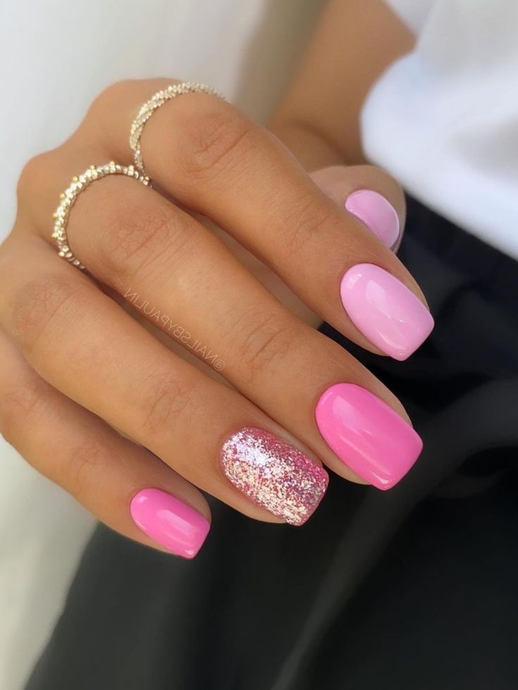 Electric Pink with Glitter Accent summer nails