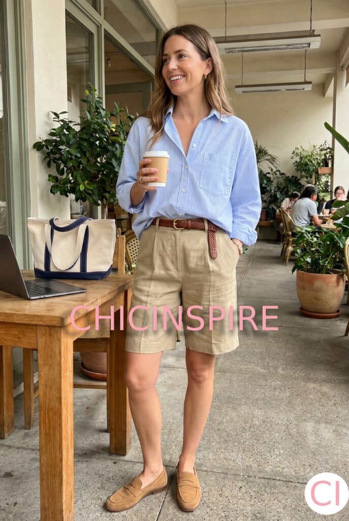 Bermuda Shorts with Oversized Button-Down and Loafers