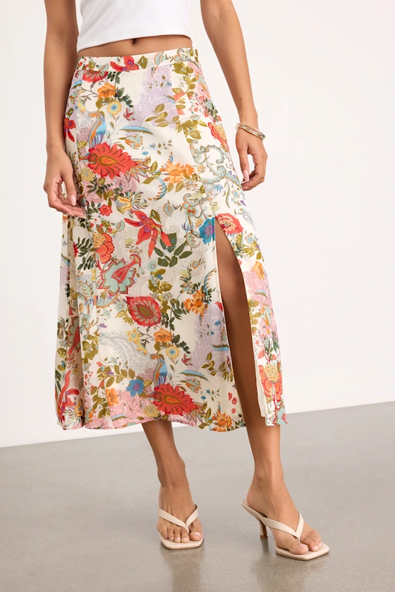 Bliss Me Ivory Multi Floral Print Midi Skirt
