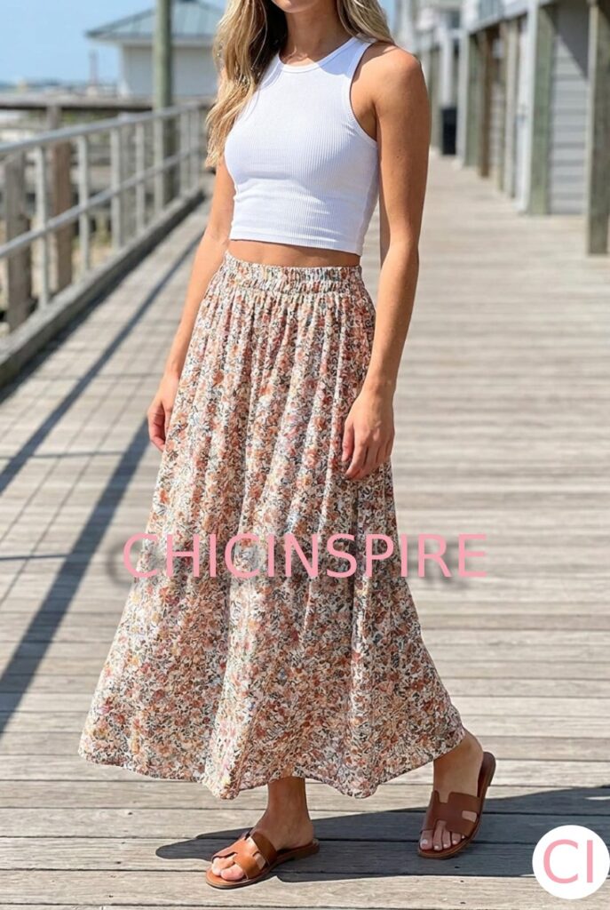 Elastic Waist Maxi Skirt with Crop Tank and Slide Sandals