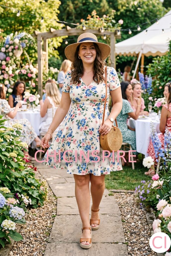 Fit-and-Flare Mini Dress with Low Wedges and Woven Bag