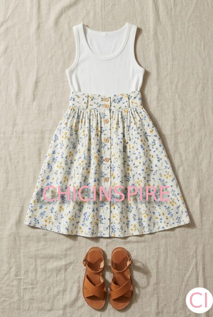 High-Waisted A-Line Midi Skirt with Fitted Tank and Leather Sandals