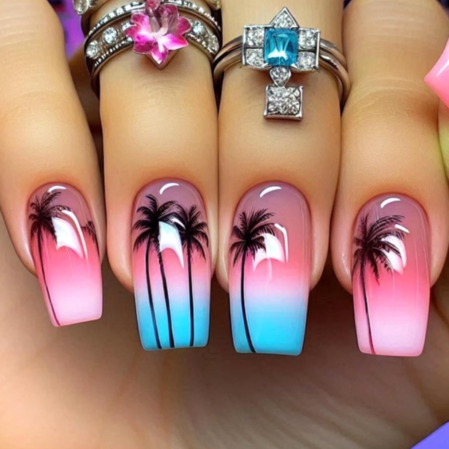Medium Coffin Fake Nails with Coconut Trees Design