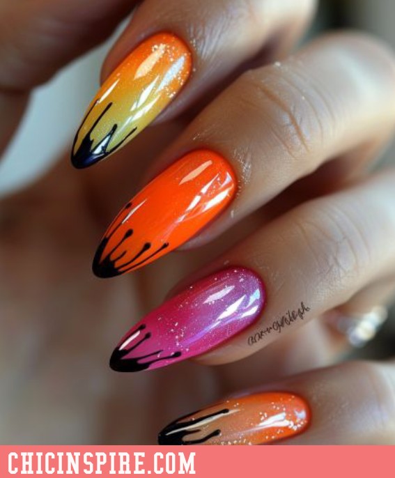 Neon Glitter Gradient tropical summer nails