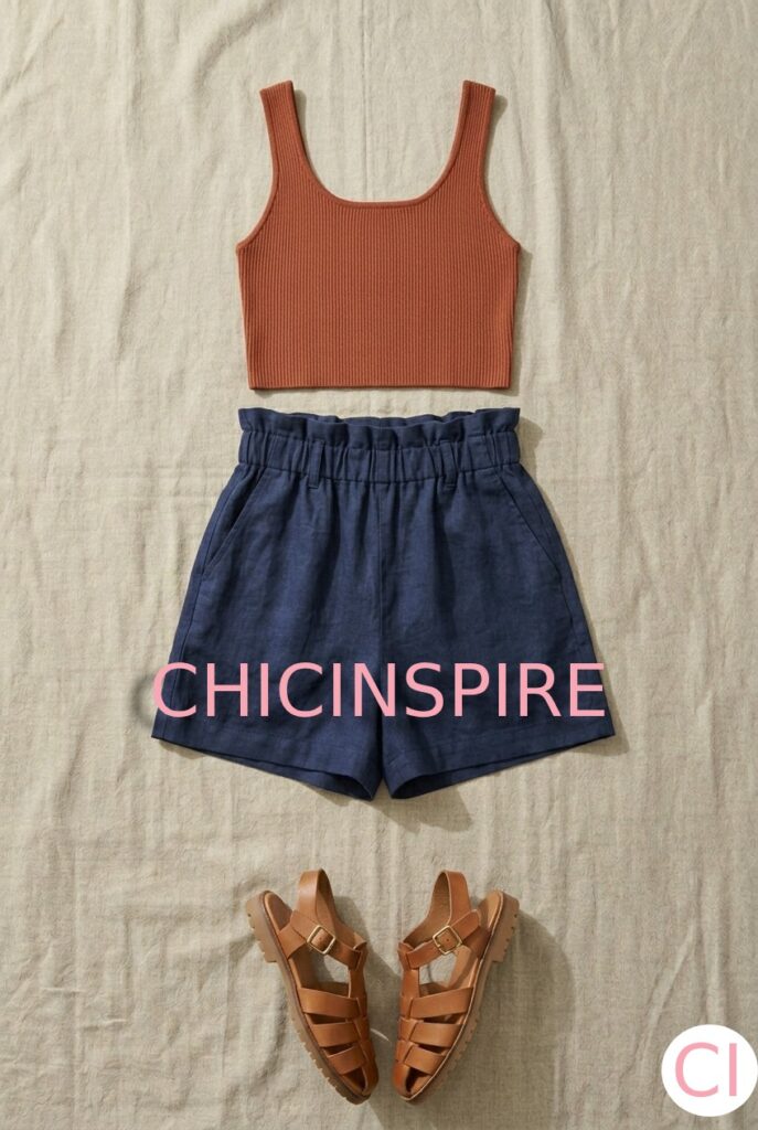 Paperbag Waist Shorts with Crop Top and Fisherman Sandals